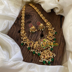 Gold Look Alike Temple Long Neckpiece-Elephants and Peacock -Green Bead-G10455
