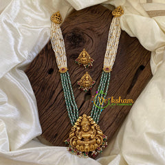 White and Pastel Green Bead Lakshmi Pendant Haram with Mogappu -G10456