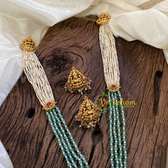 White and Pastel Green Bead Lakshmi Pendant Haram with Mogappu -G10456