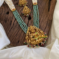 White and Pastel Green Bead Lakshmi Pendant Haram with Mogappu -G10456