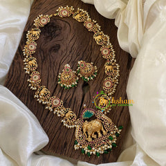 Elephant Pendant Antique AD Stone Long Neckpiece-Green Bead with Pearl-G10496