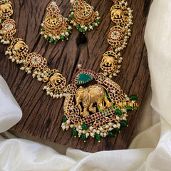 Elephant Pendant Antique AD Stone Long Neckpiece-Green Bead with Pearl-G10496