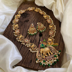 Elephant Pendant Antique AD Stone Long Neckpiece-Green Bead with Pearl-G10496