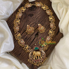 Elephant Pendant Antique AD Stone Long Neckpiece-Gold Bead-G10497