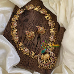 Elephant Pendant Antique AD Stone Long Neckpiece-Gold Bead-G10497