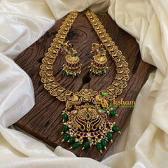 Antique Gold Look Alike AD Stone Long Neckpiece-Green Bead-G10491