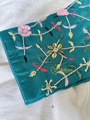 Premium Hand Embroidered Readymade Blouse-Teal Blue-VS602