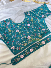 Premium Hand Embroidered Readymade Blouse-Teal Blue-VS602