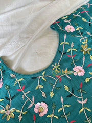 Premium Hand Embroidered Readymade Blouse-Teal Blue-VS602