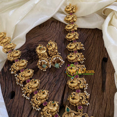 Premium Antique Temple Haram - Lakshmi Haram -Pastel Green Bead-G10466