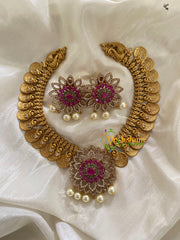 Premium AD Stone Neckpiece with Pendant-PinkGreen-G3408