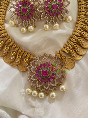 Premium AD Stone Neckpiece with Pendant-PinkGreen-G3408