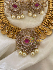 Premium AD Stone Neckpiece with Pendant-Pink White-G3407