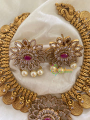 Premium AD Stone Neckpiece with Pendant-Pink White-G3407