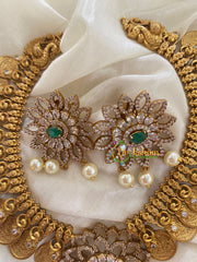 Premium AD Stone Neckpiece with Pendant-Green White-G3406