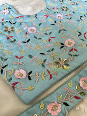 Premium Hand Embroidered Readymade Blouse-Light Blue-VS613