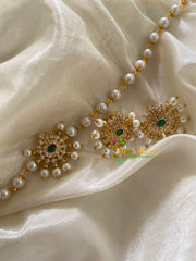 Single Line Pearl High Neck Choker with AD Stone Pendant-Oval Green-G3503