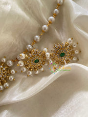 Single Line Pearl High Neck Choker with AD Stone Pendant-Oval Green-G3503