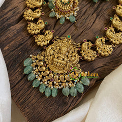 Premium Antique Temple Haram - Lakshmi Haram-Pastel Green Bead -G10489