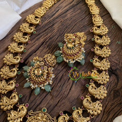 Premium Antique Temple Haram - Lakshmi Haram-Pastel Green Bead -G10489