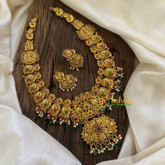 Antique Gold Look Alike AD Stone Long Neckpiece-Green Bead-G10493