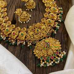 Antique Gold Look Alike AD Stone Long Neckpiece-Green Bead-G10493