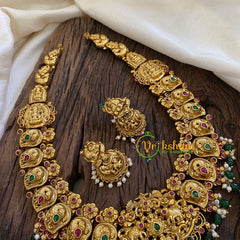 Antique Gold Look Alike AD Stone Long Neckpiece-Green Bead-G10493