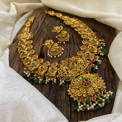 Antique Gold Look Alike AD Stone Long Neckpiece-Green Bead-G10493