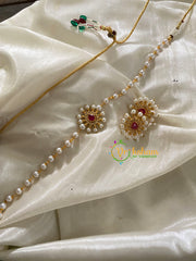 Single Line Pearl High Neck Choker with AD Stone Pendant-Tilak Red-G3500