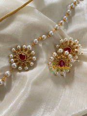 Single Line Pearl High Neck Choker with AD Stone Pendant-Tilak Red-G3500