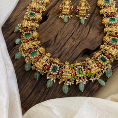 Green Stone Antique Lakshmi Haram-Pavalam -G10480