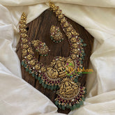 Gold Look Alike Antique Temple Haram - Lakshmi Haram-Red White-Green Bead-G10477