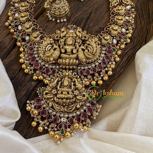 Gold Look Alike Antique Temple Haram -Lakshmi Haram-Red Green-Gold Bead-G10476