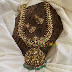 Gold Look Alike Antique Temple Haram - Lakshmi Haram-Green Bead -G10475