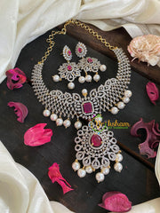Bridal American Diamond Neckpiece-Red-Tilak Pendant-G4404