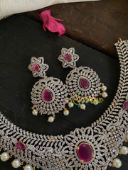 Bridal American Diamond Neckpiece-Red-G4410