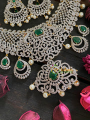 Bridal American Diamond Neckpiece-Green-Side Pendants-G4400
