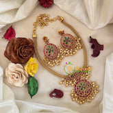 AD Stone Designer Addigai Short Neckpiece-Red Green White-Gold Bead Pearl-G9599