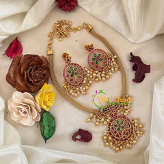 AD Stone Designer Addigai Short Neckpiece-Red Green White-Gold Bead Pearl-G9599