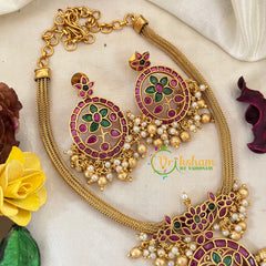 AD Stone Designer Addigai Short Neckpiece-Red Green White-Gold Bead Pearl-G9599