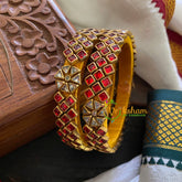Kada Kundan Bangle-Square Flower-Red-G3658