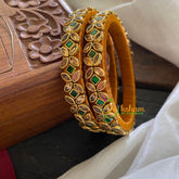 Kada Kundan Bangle-Flower-Green and Golden-G3666