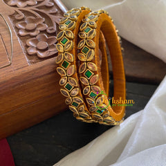 Kada Kundan Bangle-Flower-Green and Golden-G3666
