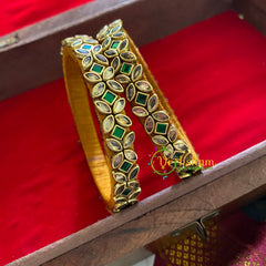 Kada Kundan Bangle-Flower-Green and Golden-G3666