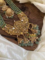 Pastel Green Bead Jadau Kundan Pendant Mala -Lakshmi-J1644