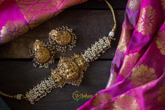 High neck pearl Lakshmi choker with big jhumkas-G684