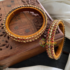 Kada Kundan Bangle-Leaves-Red-G3677
