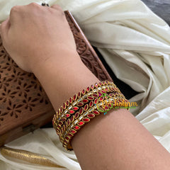 Kada Kundan Bangle-Leaves-Red-G3677