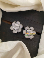 White Tone American Diamond Stud -Floral-G6616