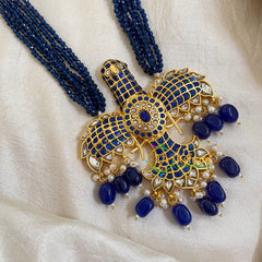 half and Half Blue White Bead Jadau Kundan Pendant Mala-Garudan -J1654
